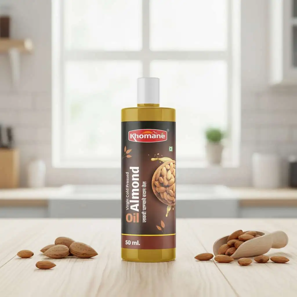 Khomané Virgin Cold Pressed Almond Oil bottle with almonds on a wooden surface.