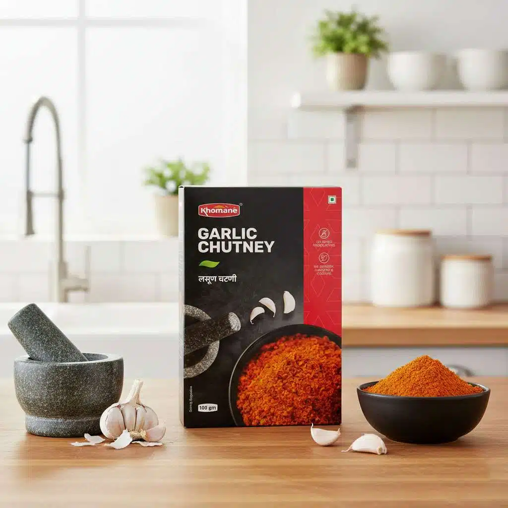 Khomaan Garlic Chutney box with a bowl of chutney and fresh garlic cloves.