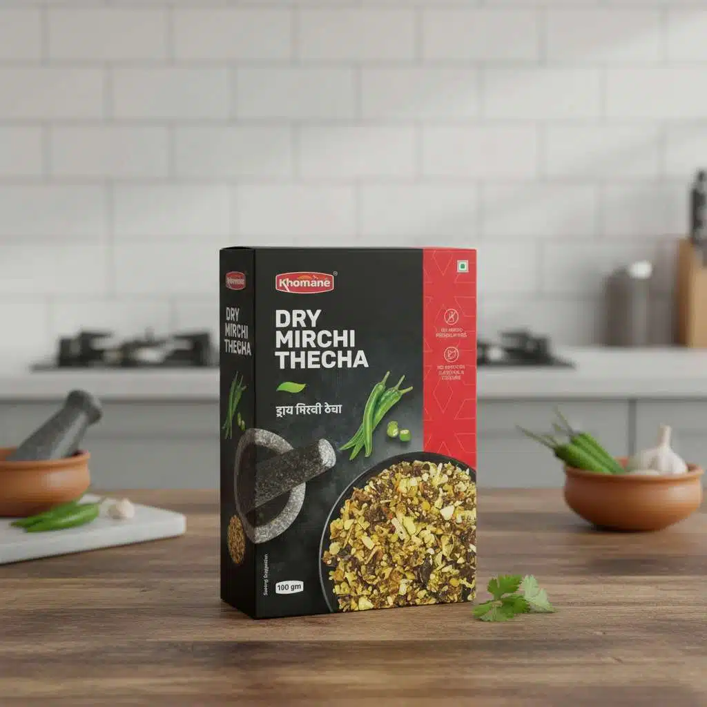 Khoma Dry Mirchi Thecha spice mix in a box with ingredients and mortar and pestle.