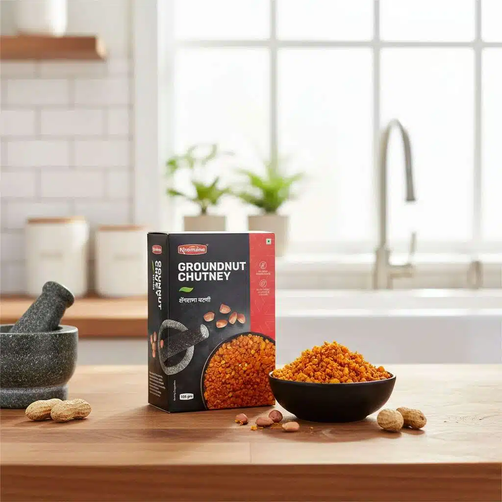 Groundnut chutney in a bowl next to a box and peanuts on a wooden counter.