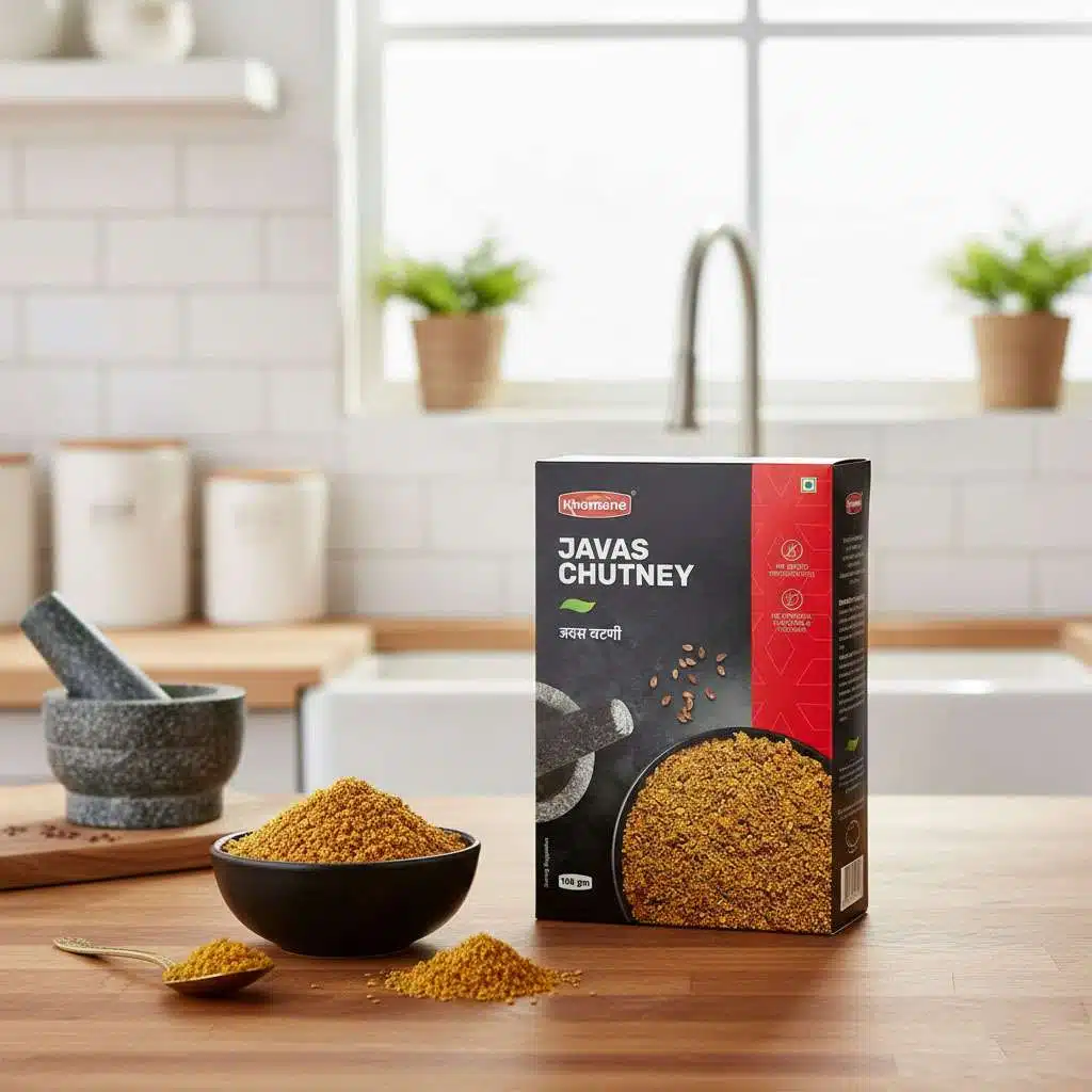 Box of Khomene Javas Chutney with a bowl of chutney and a mortar and pestle.