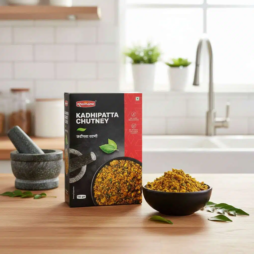 Khomae Kadipatta Chutney box with a bowl of chutney and curry leaves.