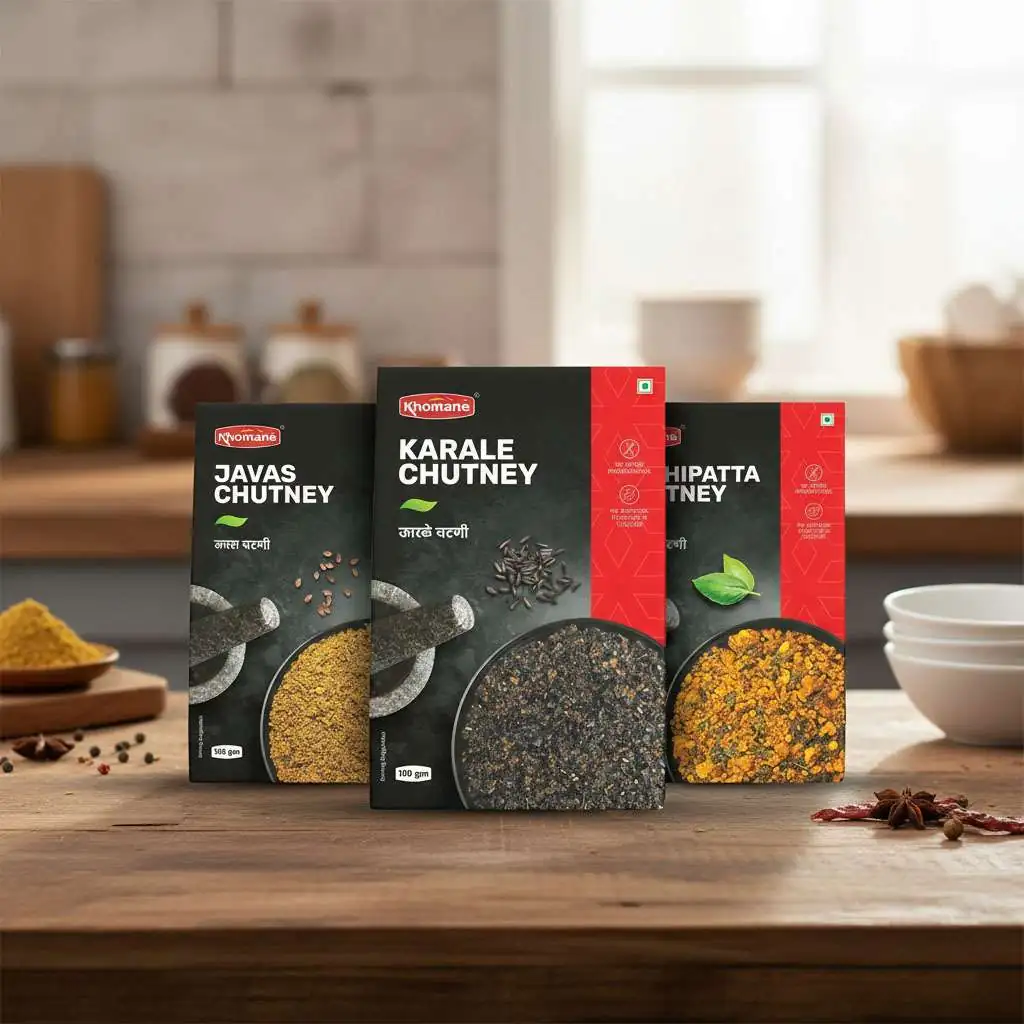 Khomané Javas, Karale, and Kadipatta chutneys in 100gm packs.