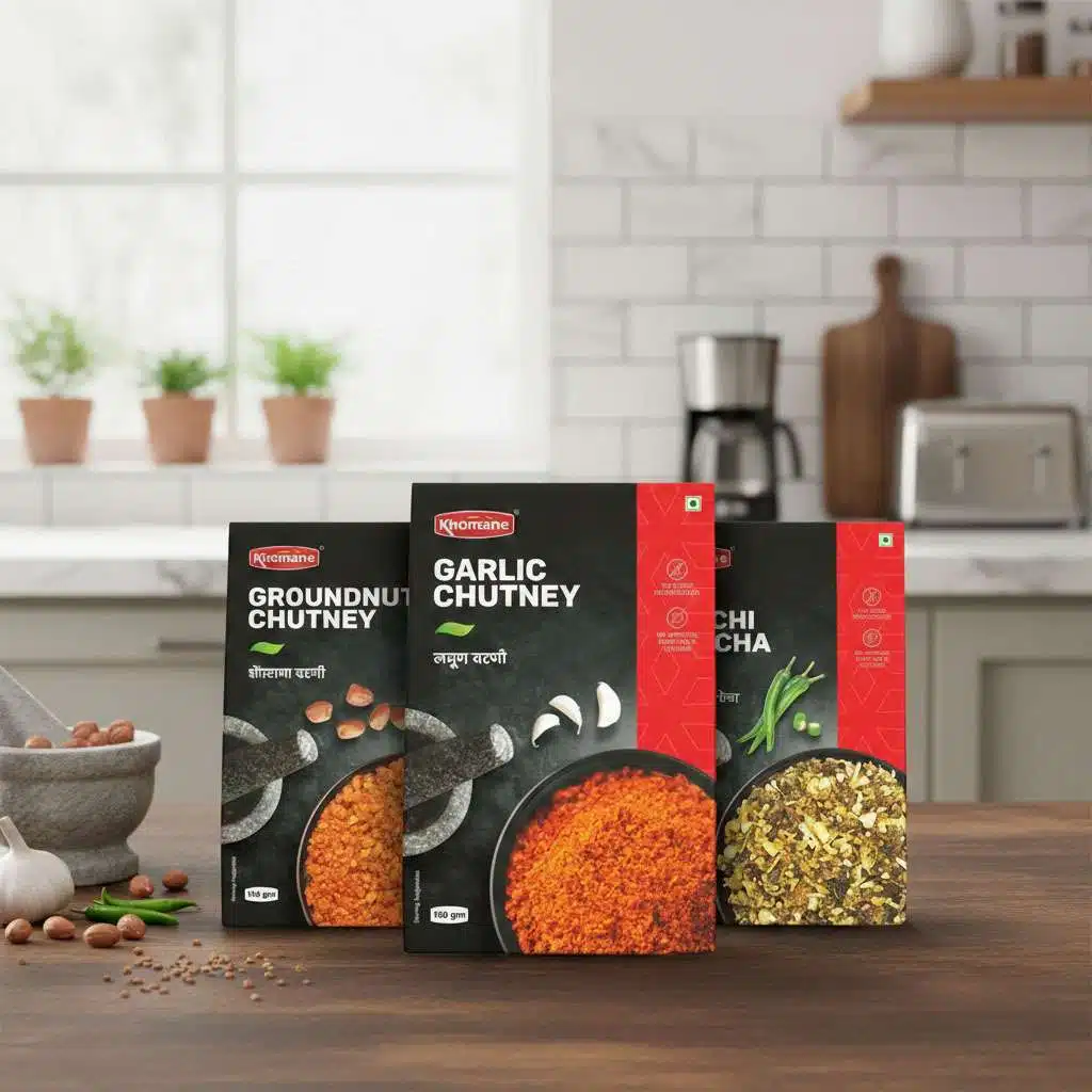 Dry Chutney Combo – Groundnut Chutney, Garlic Chutney & Green Chilli Thecha | 3 x 100g 1 Three Khomane dry chutneys: Groundnut, Garlic, and Green Chilli Thecha, 100g each.