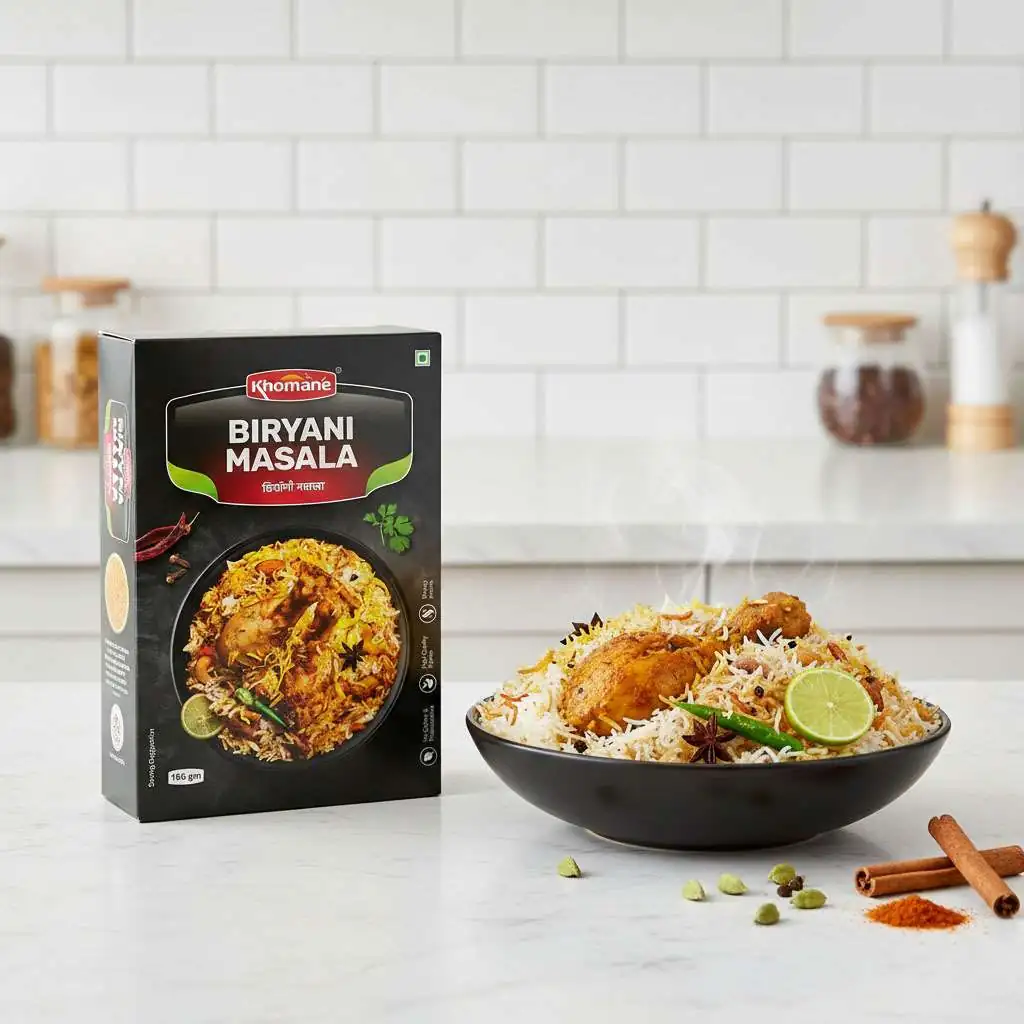 Khomané Biryani Masala box next to a bowl of steaming chicken biryani.