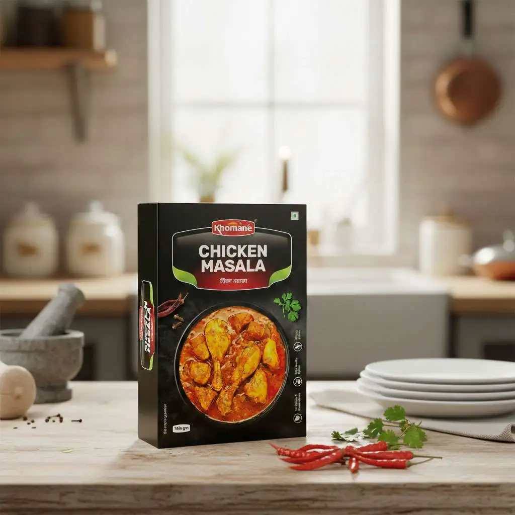 Khomane Chicken Masala box with a serving of chicken curry and red chilies on a wooden table.