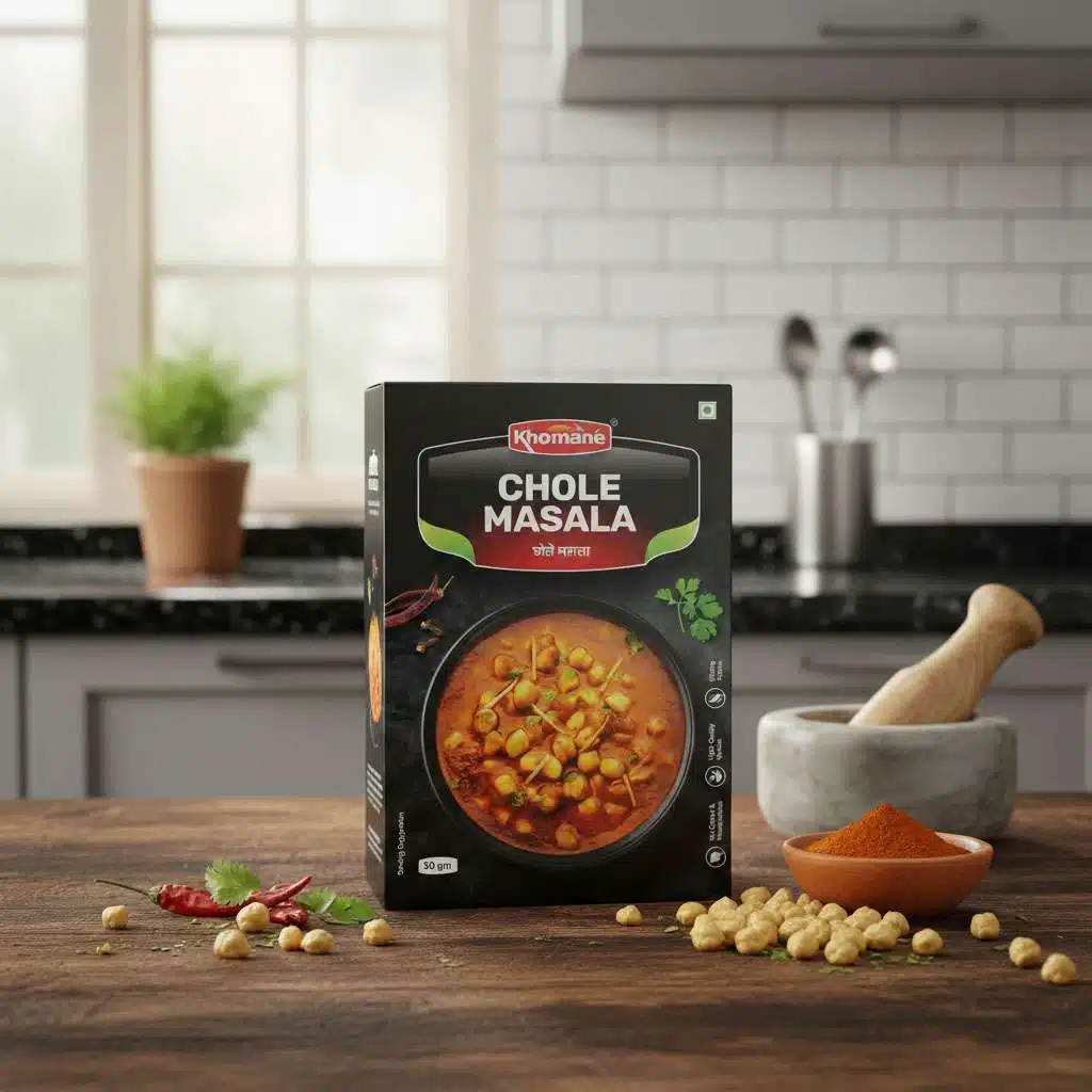 Khomané Chole Masala powder box with chickpeas, chili peppers, and herbs.