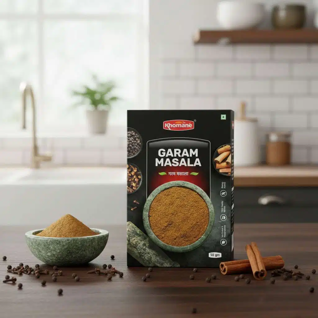 Khomané Garam Masala spice blend in a box with a bowl of powder and cinnamon sticks.