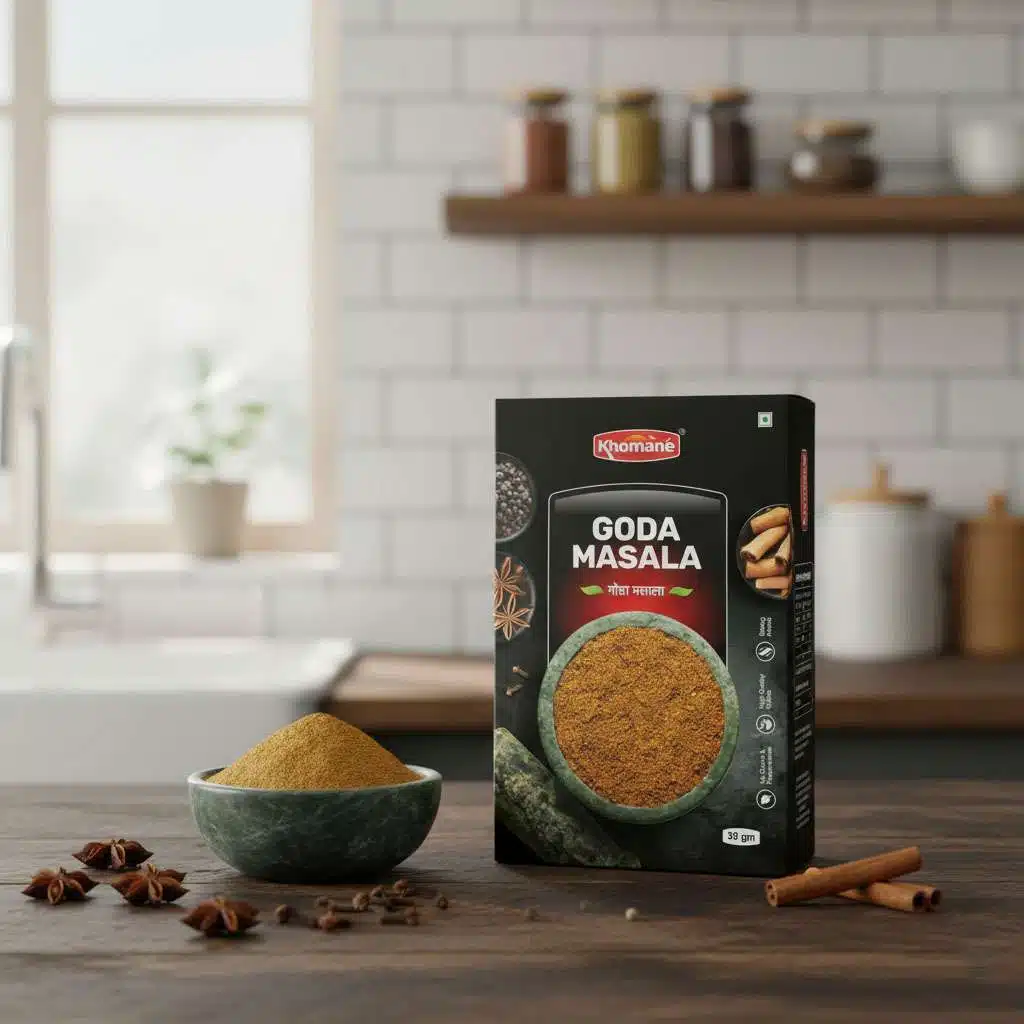 Goda Masala powder in a bowl with spices and cinnamon sticks on a wooden table.