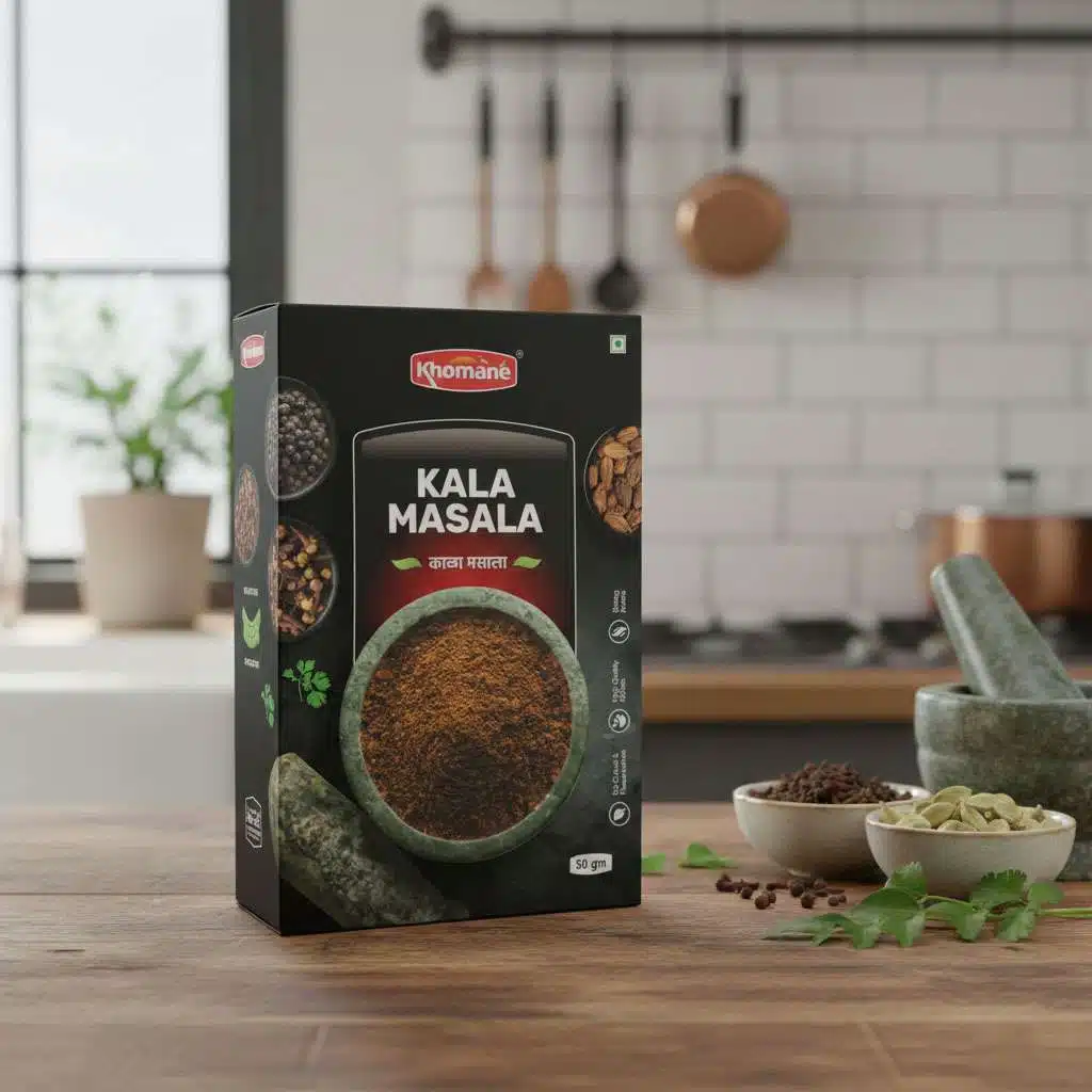 Kala Masala spice blend packaging with ingredients and mortar and pestle on a wooden table.