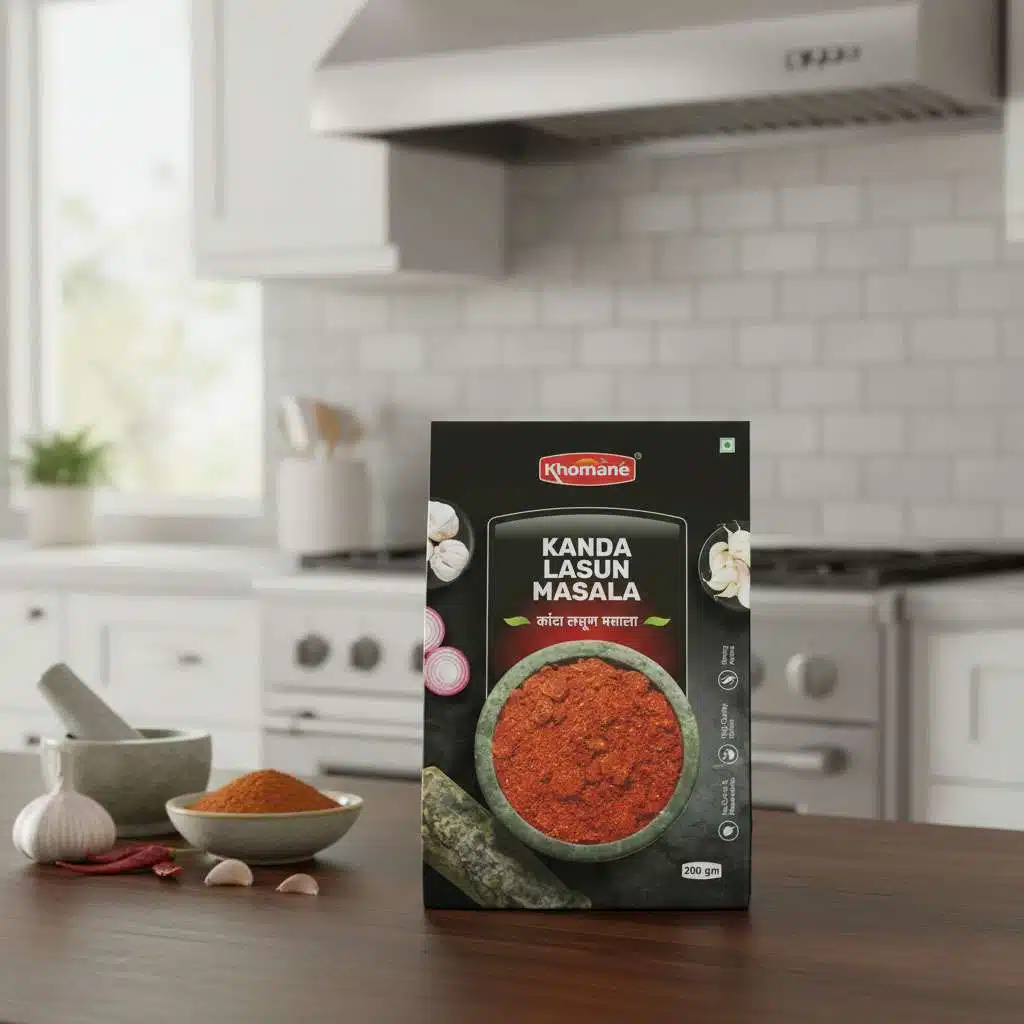 Khanda Lasun Masala powder in a box with ingredients like onion and garlic.