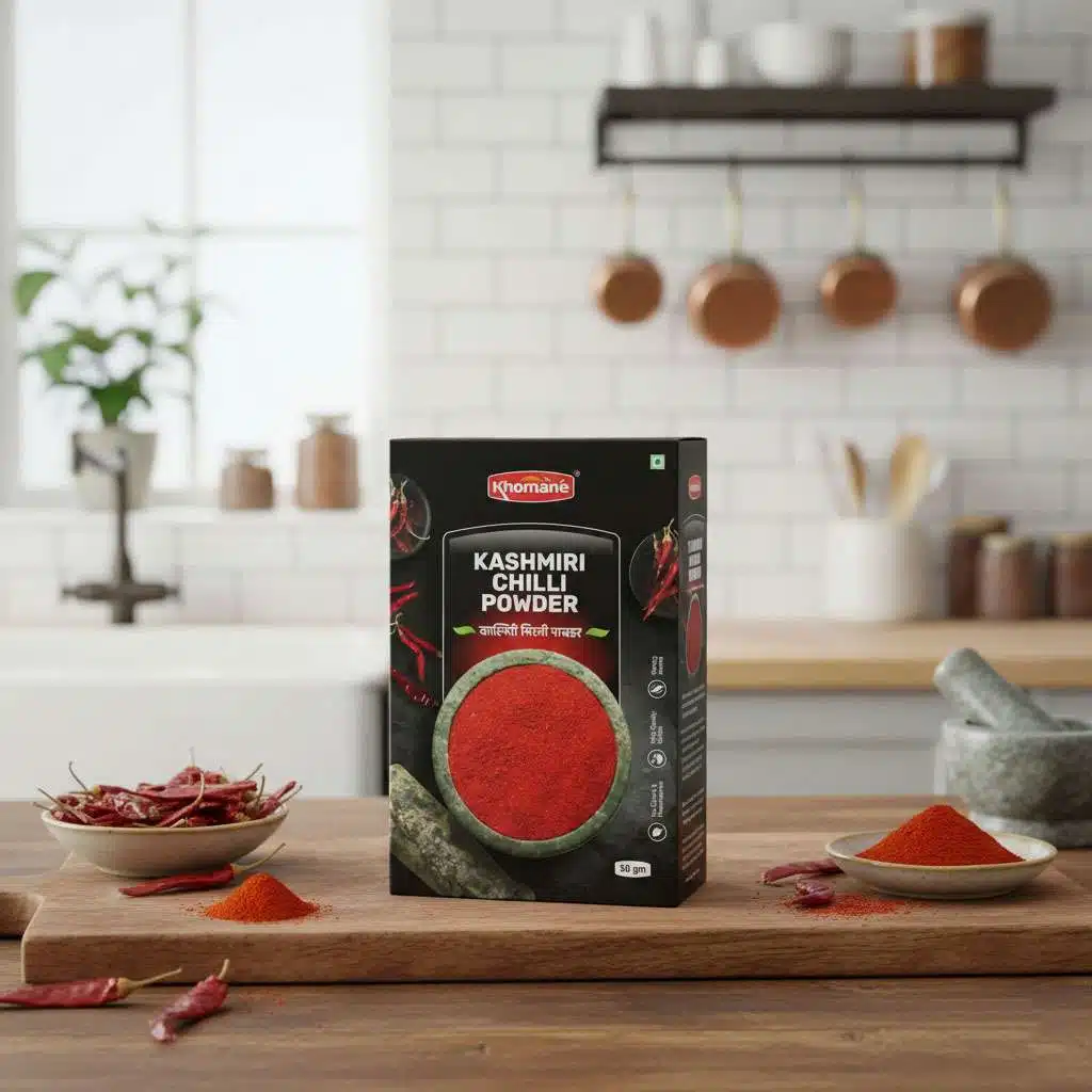 Kashmiri chilli powder in a box, with dried chillies and a mortar and pestle.