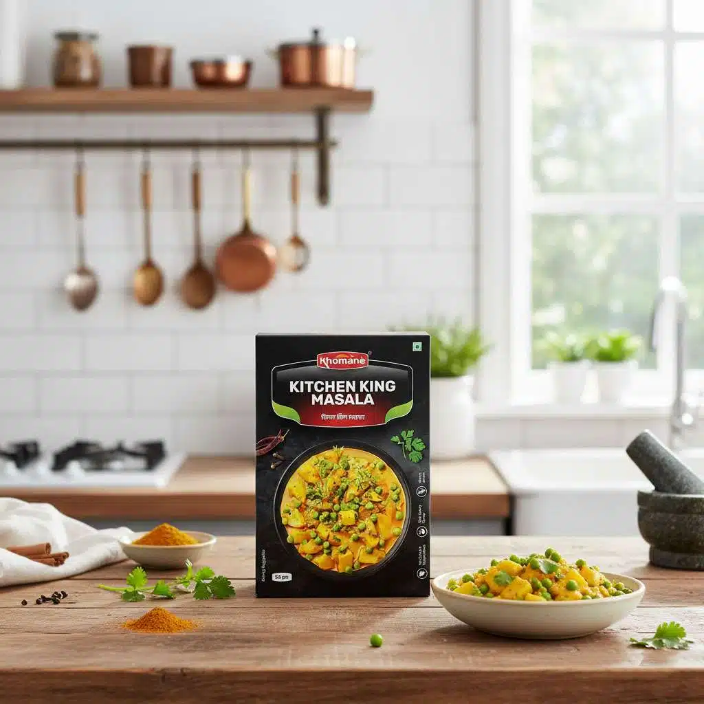 Khomané Kitchen King Masala Powder box next to a bowl of prepared Indian curry.