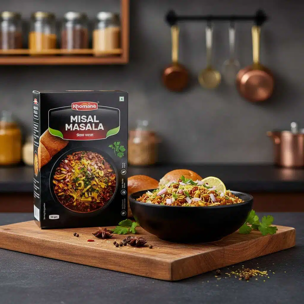 Khoman Misal Masala box next to a bowl of prepared Misal Pav with garnishes.