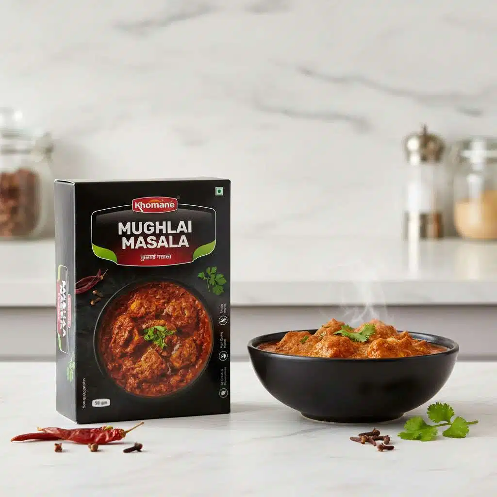 Khone Mughlai Masala powder box next to a bowl of Mughlai curry.