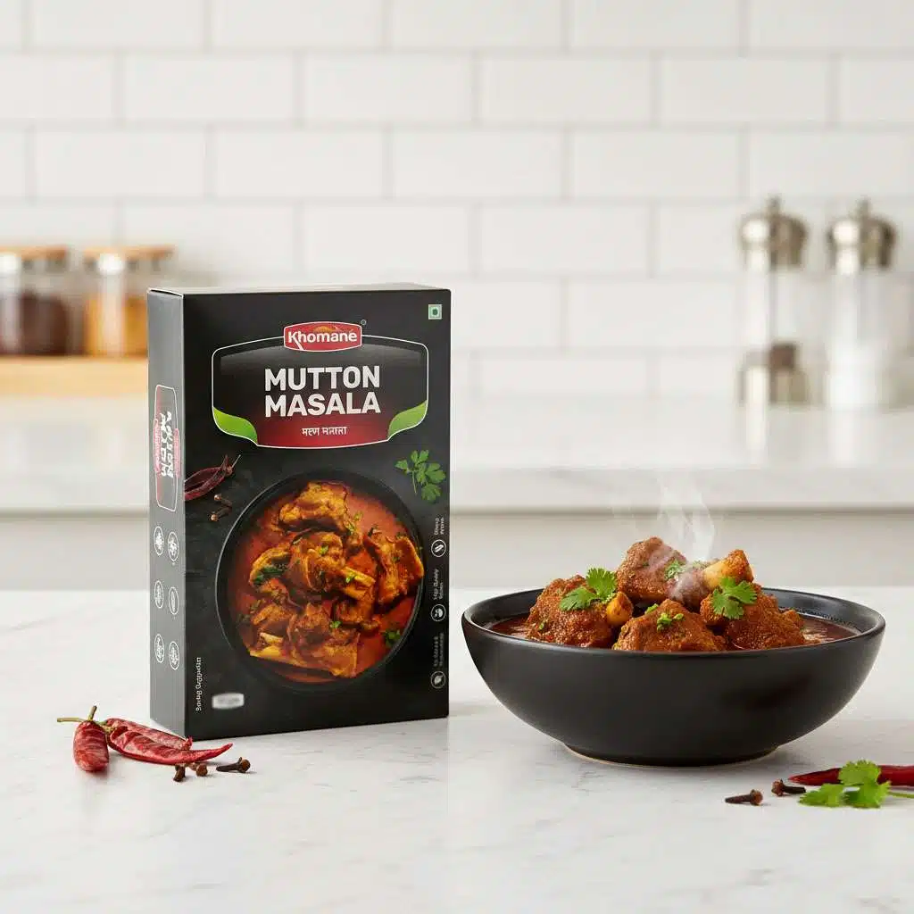 Khmane Mutton Masala box next to a bowl of steaming mutton curry with garnishes.