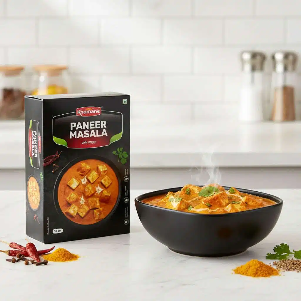 Paneer Masala Powder 1 Box of Khomane Paneer Masala powder next to a bowl of steaming paneer masala curry.