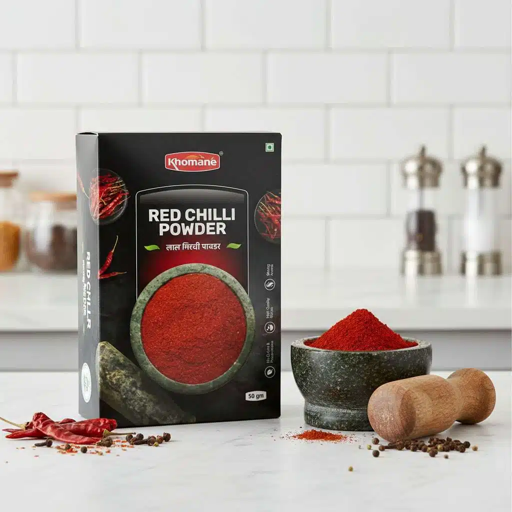 Khomaane red chilli powder in a stone mortar with dried chillies and peppercorns.
