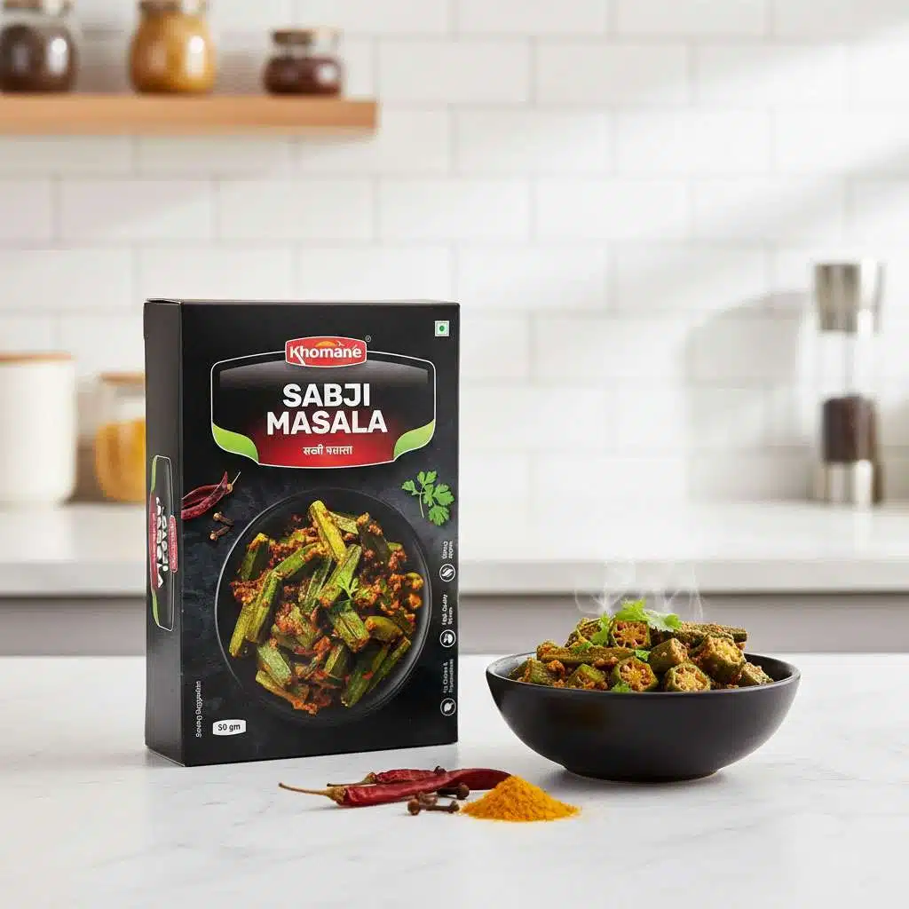 Khoman Sabji Masala box with a bowl of cooked okra and spices.