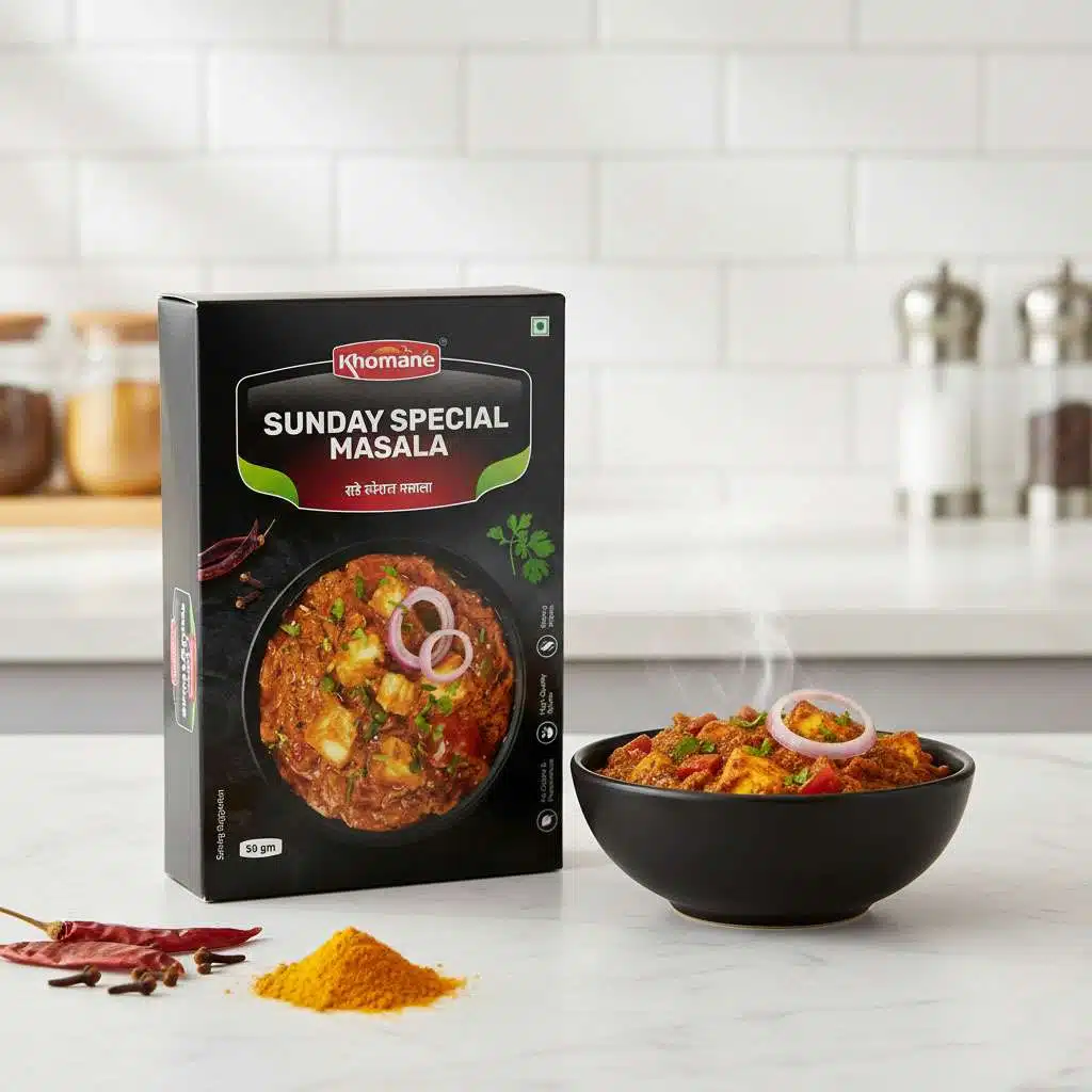 Khomané Sunday Special Masala box next to a bowl of paneer curry.