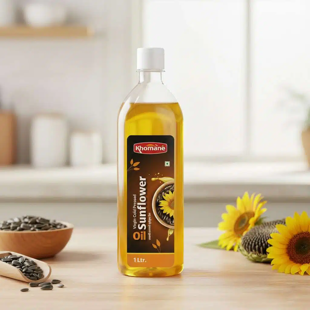 Khokane 1 Ltr bottle of cold-pressed sunflower oil with sunflowers and seeds.