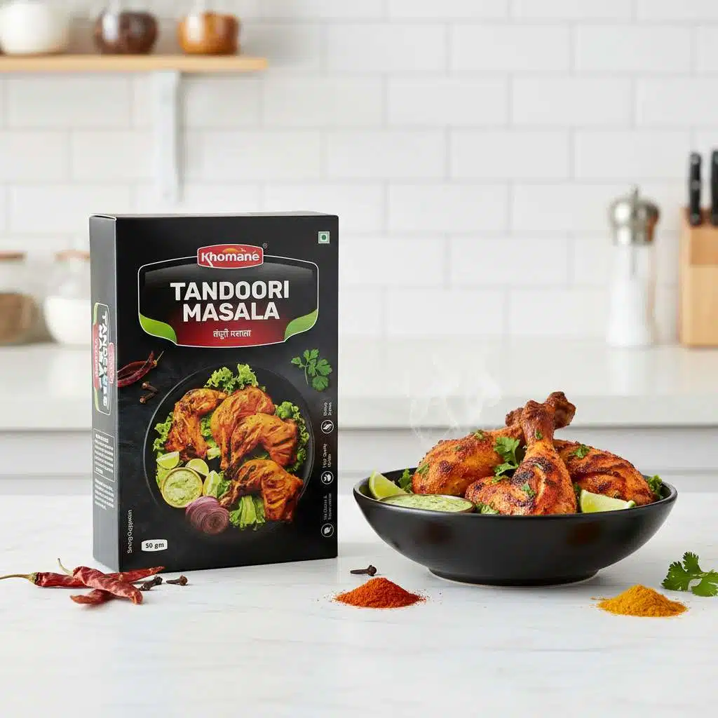 Khoma Tandoori Masala box next to a bowl of delicious tandoori chicken.
