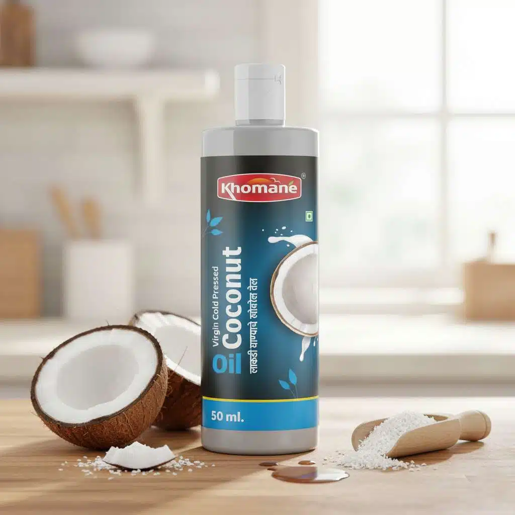 Original Cold Pressed Coconut Oil 50ml 1 Khomaane Virgin Cold Pressed Coconut Oil bottle with coconuts and shredded coconut.