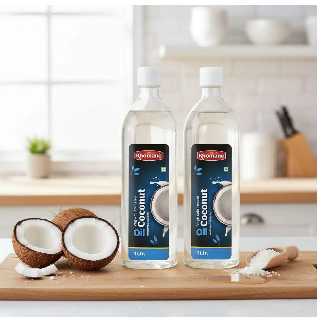 Two 1-liter bottles of Khomane virgin cold-pressed coconut oil with coconuts and shredded coconut.