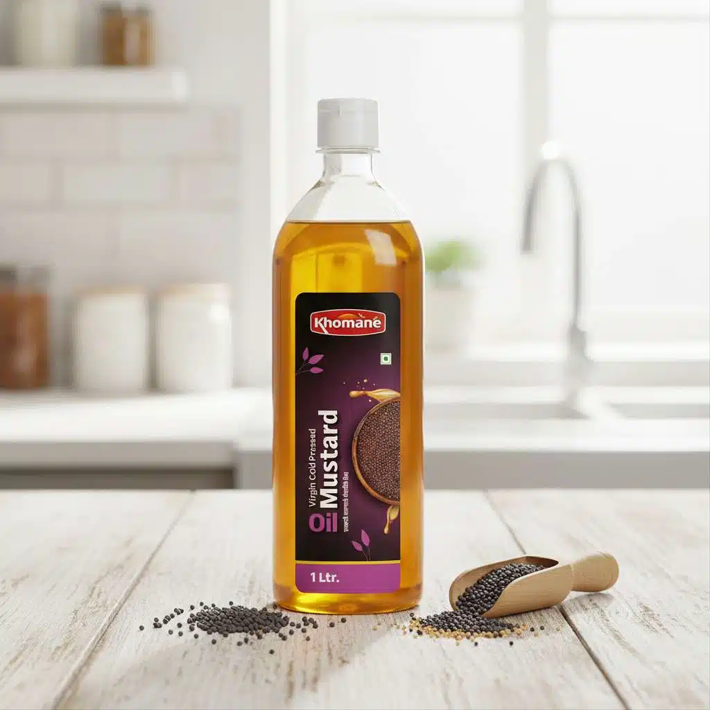 Original Mustard Cold Pressed Natural Oil 1L 1 Khomané 1 Ltr. bottle of cold-pressed mustard oil with mustard seeds.