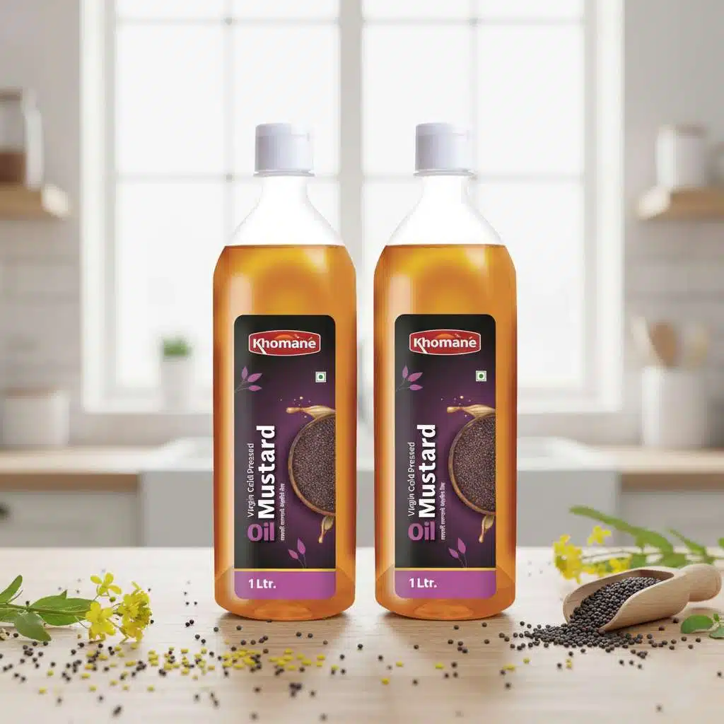 Mustard Seeds | Pack of 2 | 100ml Each 1 Two bottles of Khomane virgin cold-pressed mustard oil, 1 liter each, on a wooden table.