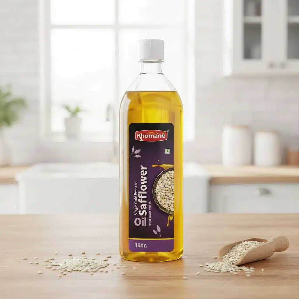 Khomanes virgin cold-pressed safflower oil in a 1-liter clear bottle.