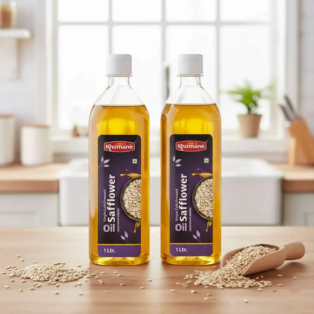 Two bottles of Khomane Virgin Cold-Pressed Safflower Oil, 1 liter each, on a wooden table.