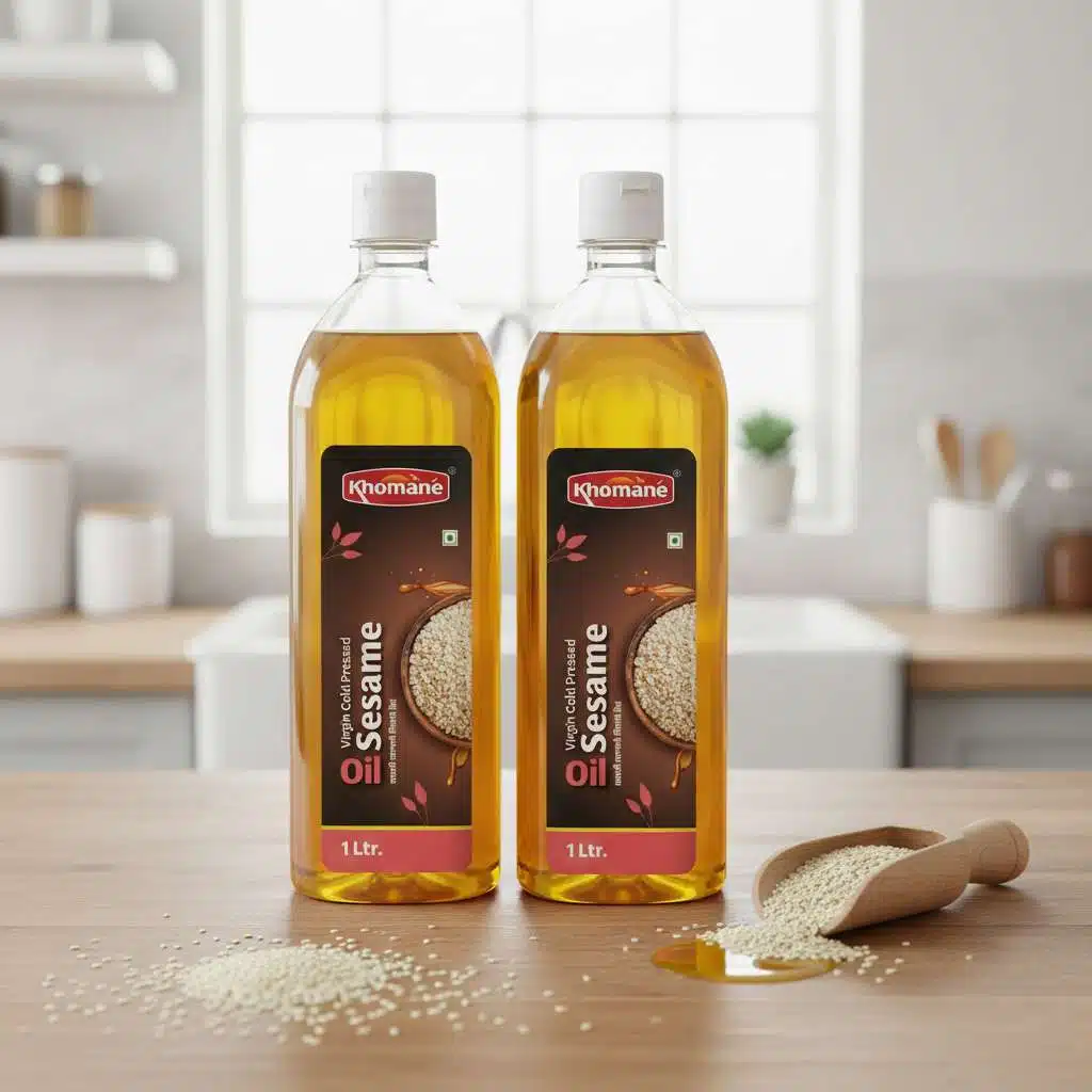 Original White Sesame Cold Pressed Natural Oil 1 Two bottles of Khomane virgin cold pressed sesame oil, 1 liter each, on a kitchen counter.