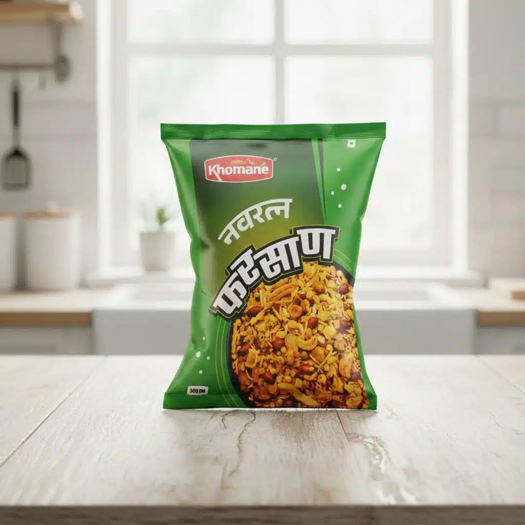 Navratna Farsaan 1 Green Khomane Navratna Farsaan snack packet on a wooden table.