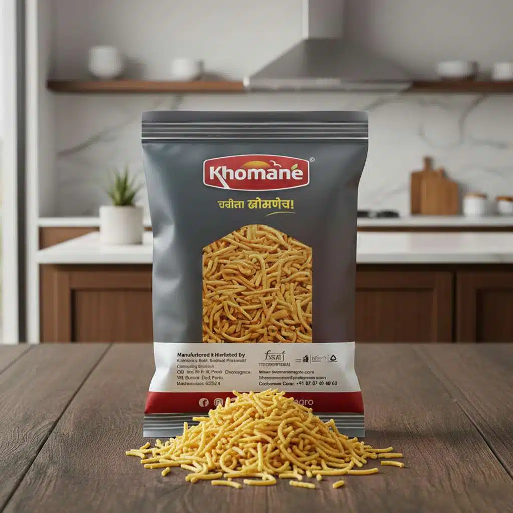 Khomaane Batata Chiwda snack in a pouch with a pile of crispy sev on a wooden table.