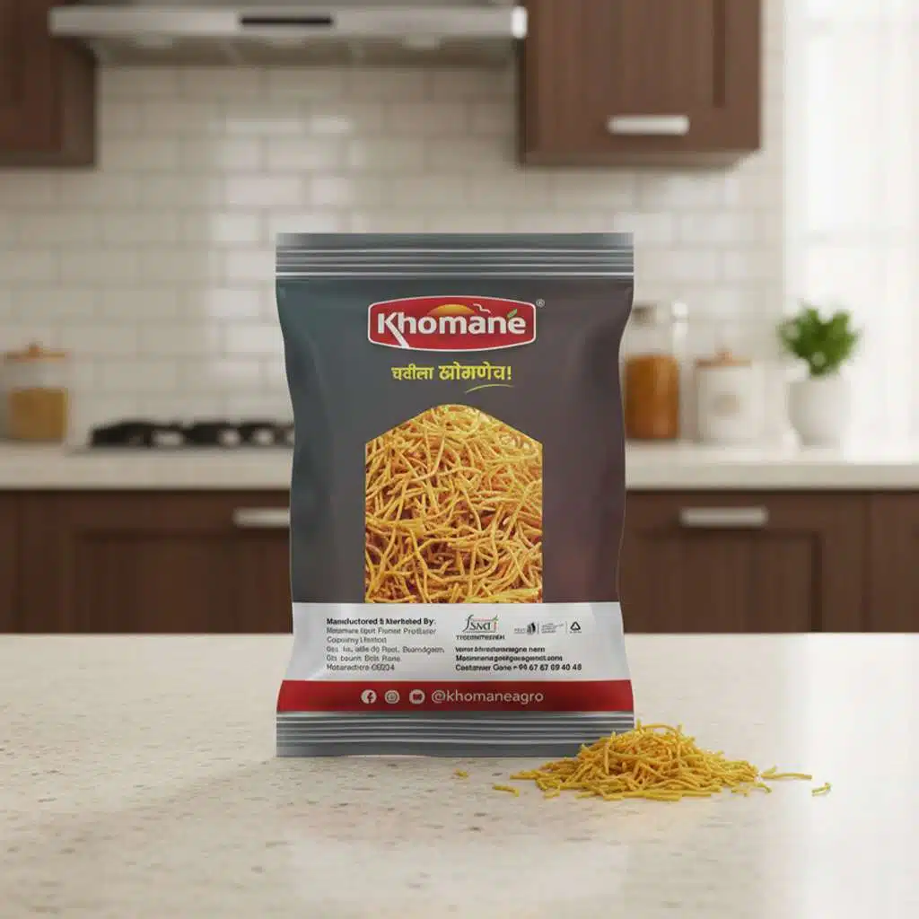Khomané Batata Chiwda snack in a resealable pouch with a window showing the fried potato strands.