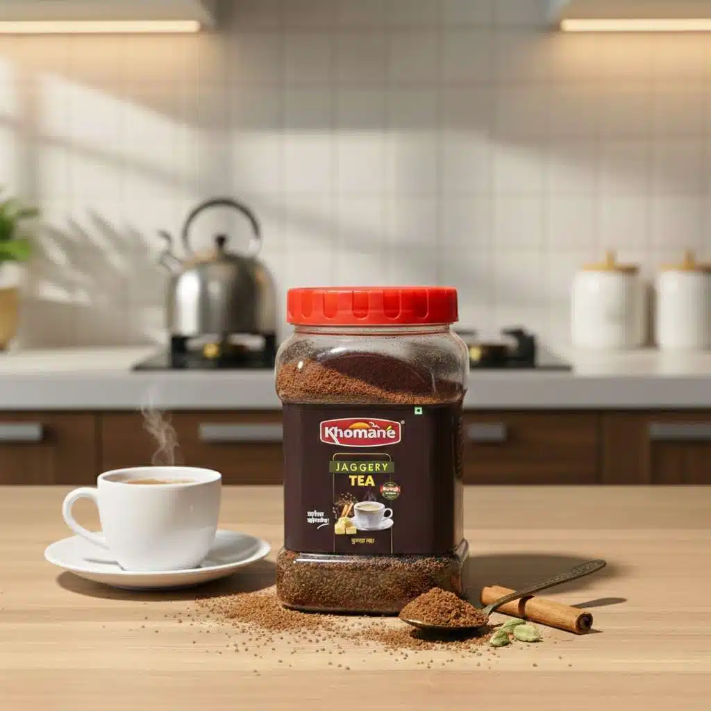 Masala Jaggery Tea 1 Jar of Khomane's Jaggery Tea with a cup of tea and spices on a wooden table.