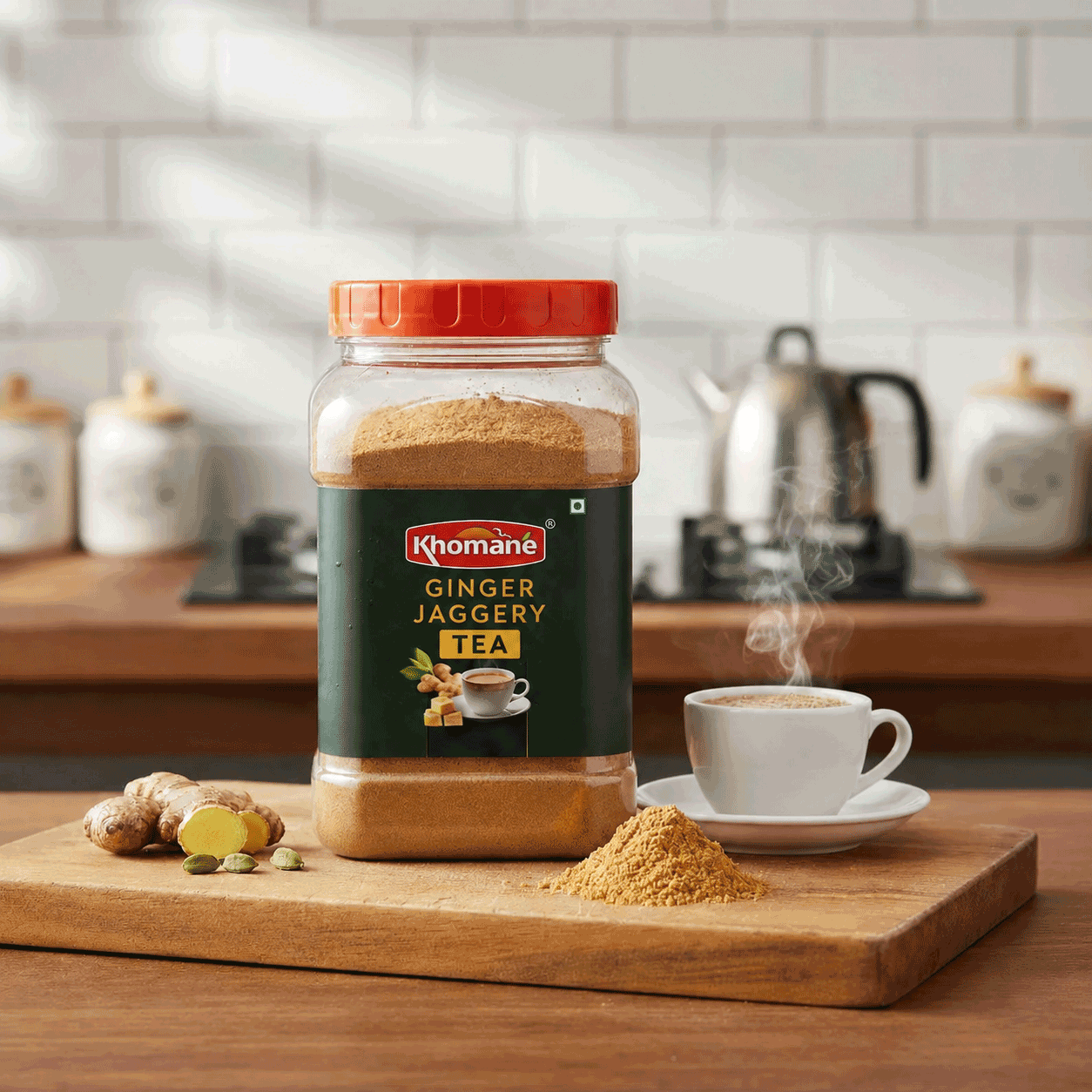 Khomane Ginger Jaggery Tea jar with ingredients and a cup of tea