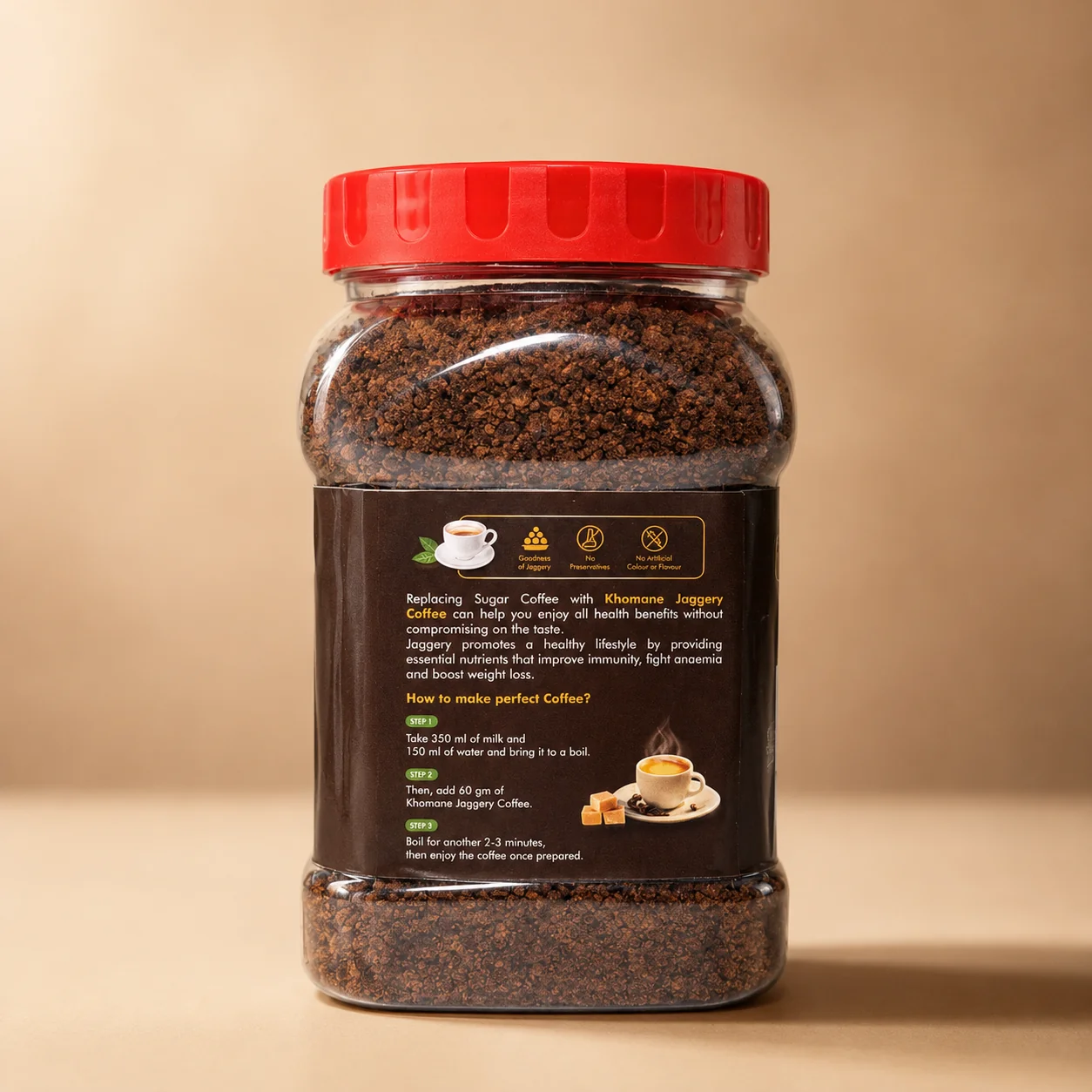 Khomaan Jaggery Coffee jar with instructions for making perfect coffee.