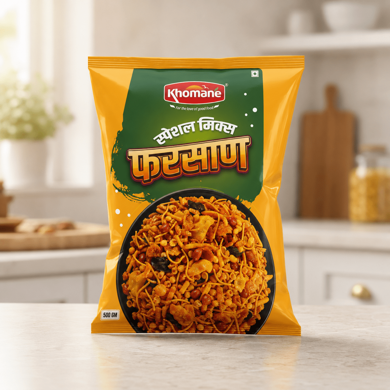 Khomaane Special Mix Farsan snack packaging with a bowl of farsan