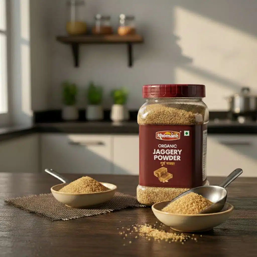 Khmane organic jaggery powder in a jar and bowls on a wooden table.