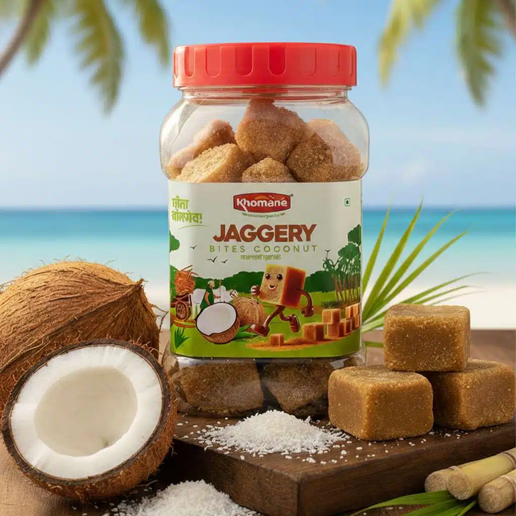 Jaggery Bites – Coconut 1 Khomané Jaggery Bites Coconut jar with coconuts and palm trees in the background.