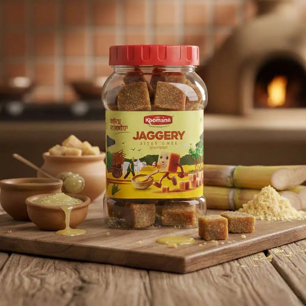 Jar of Kroman Jaggery Bites with sugarcane and jaggery cubes on a wooden board.