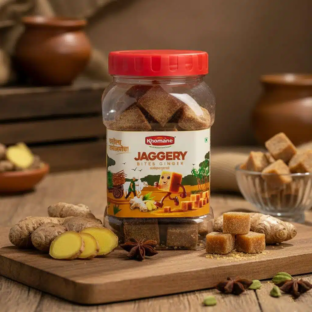 Khomane Jaggery Bites Ginger jar with ginger roots and spices on a wooden board.