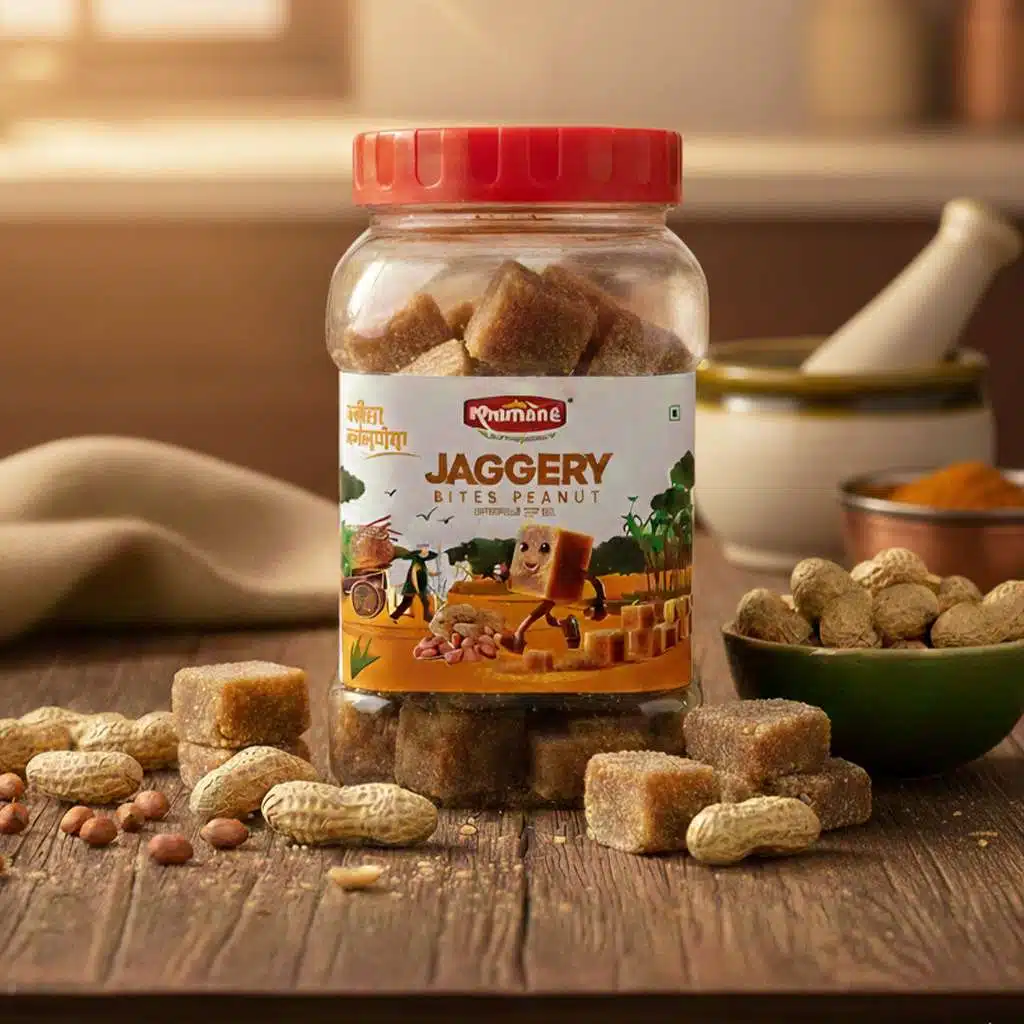 A jar of Rhumane Jaggery Peanut Bites surrounded by loose peanuts and jaggery cubes.