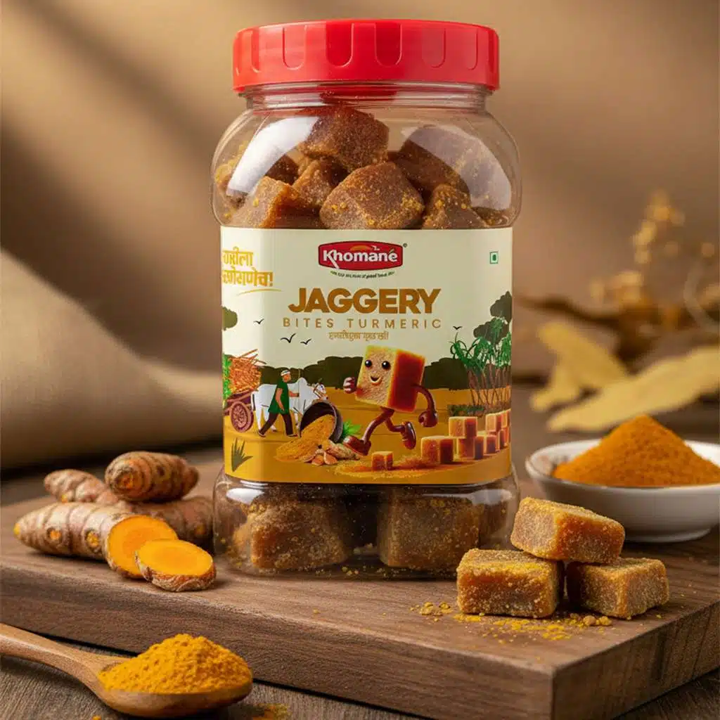Khomaane Jaggery Bites with Turmeric in a clear jar, surrounded by turmeric roots and powder.