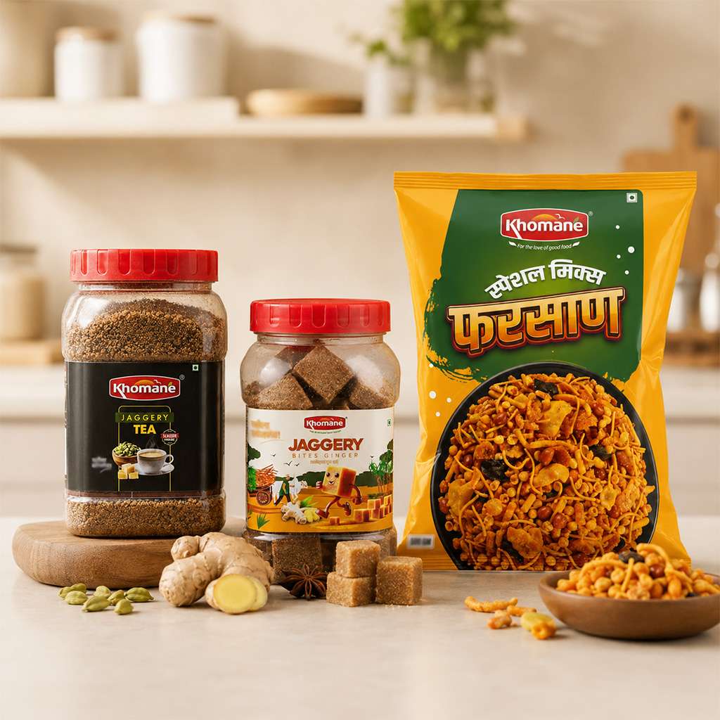 Farsan, Elaichi Jaggery Tea & Ginger Jaggery Cubes Combo