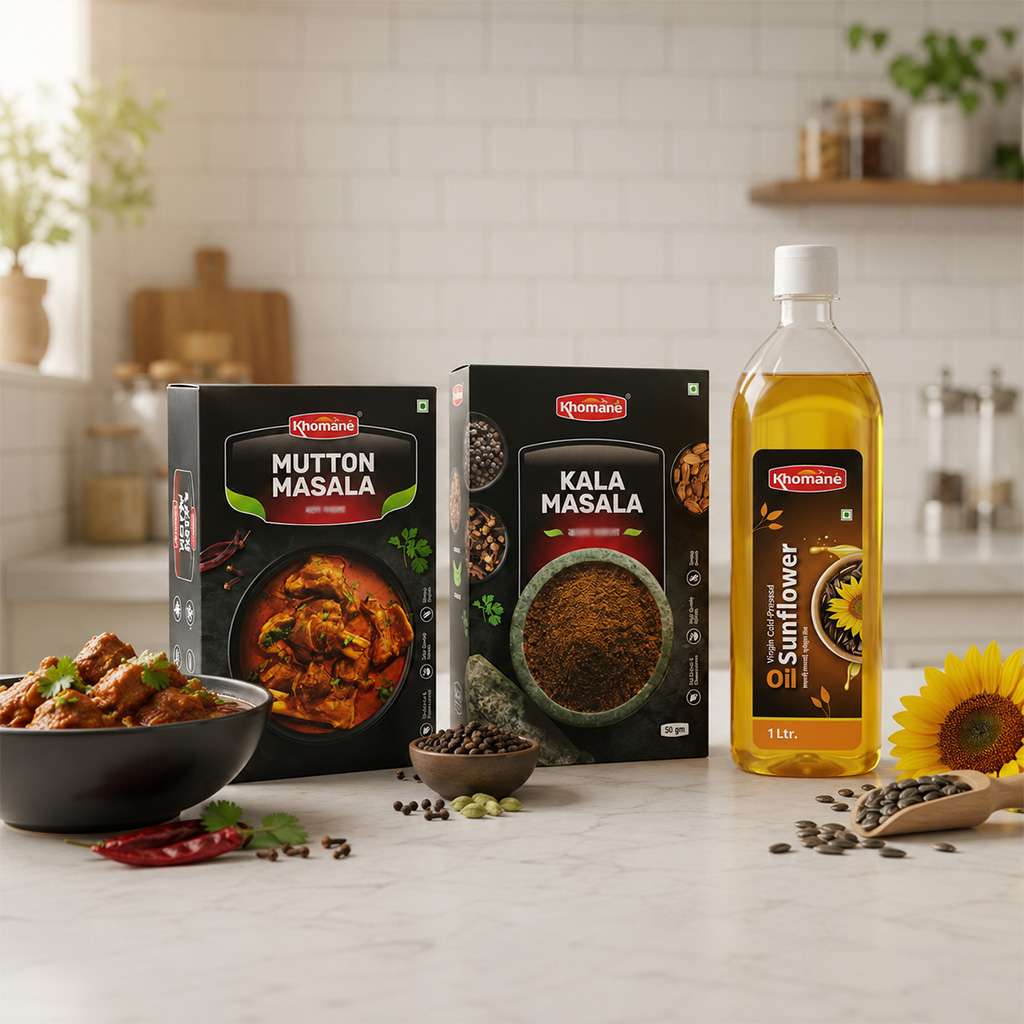 Khoma Mutton Masala, Kala Masala boxes, and sunflower oil bottle on a kitchen counter.