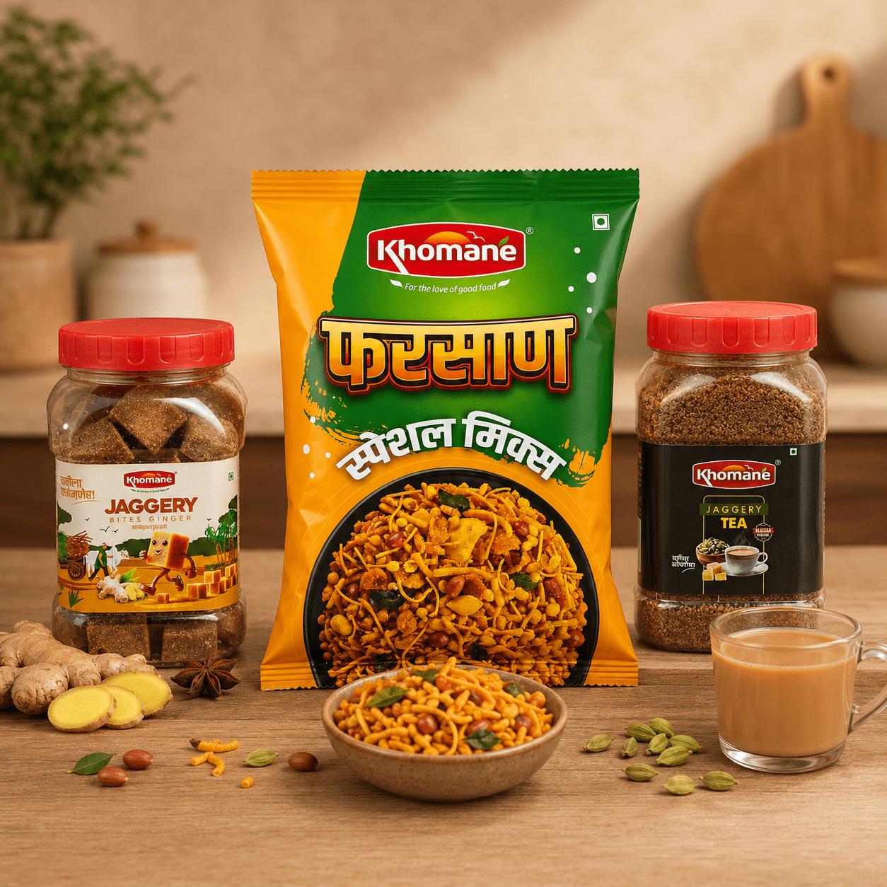 Farsan, Elaichi Jaggery Tea & Ginger Jaggery Cubes Combo