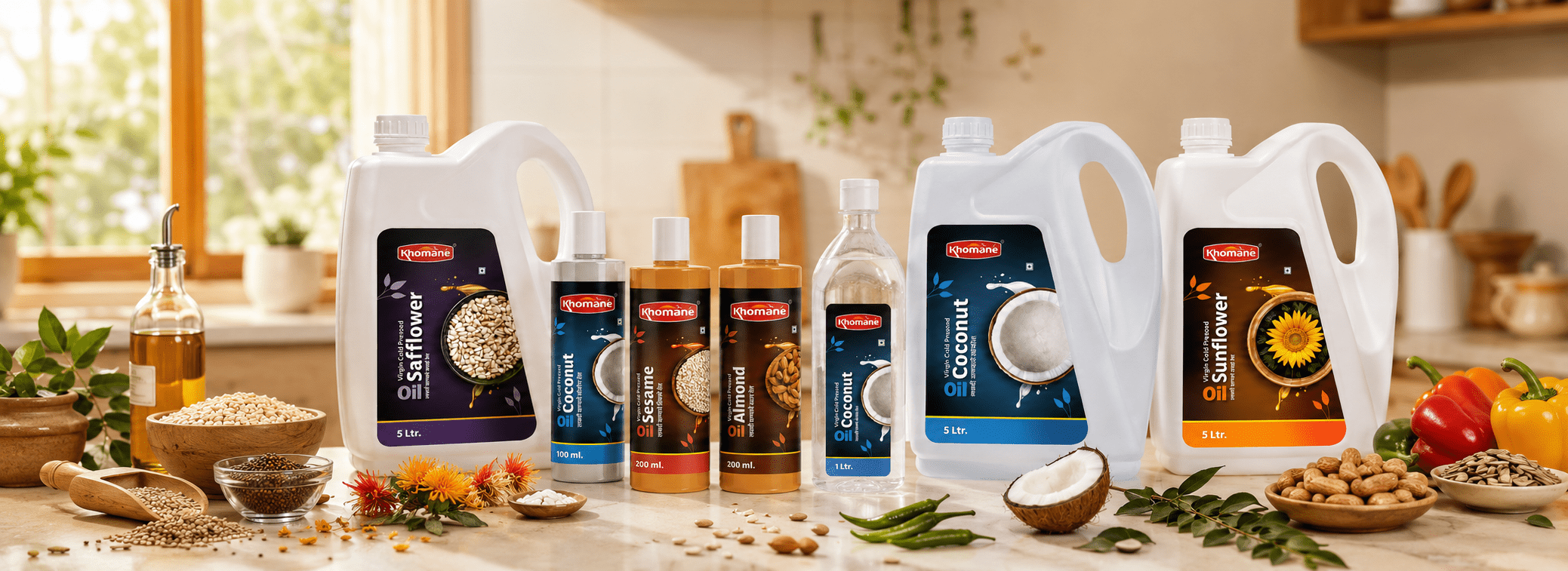 Khomane Agro cold pressed oils for Indian cooking with seeds, spices and traditional kitchen ingredients.